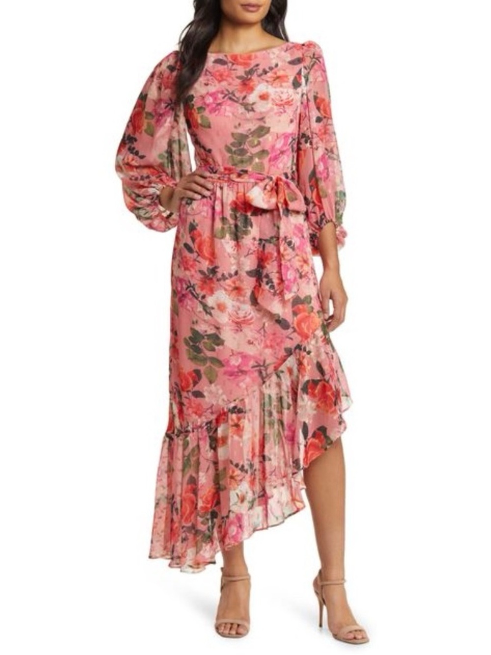 NWT ELIZA‎ J Chiffon Floral Asymmetrical Ruffle Hem Dress, Size 6